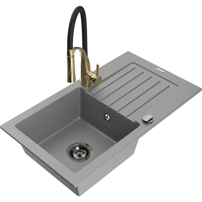 Mexen Pablo 1-Bowl Granite Sink with Drainer and Aster Kitchen Faucet, Gray - 6510-71-73450-57-B