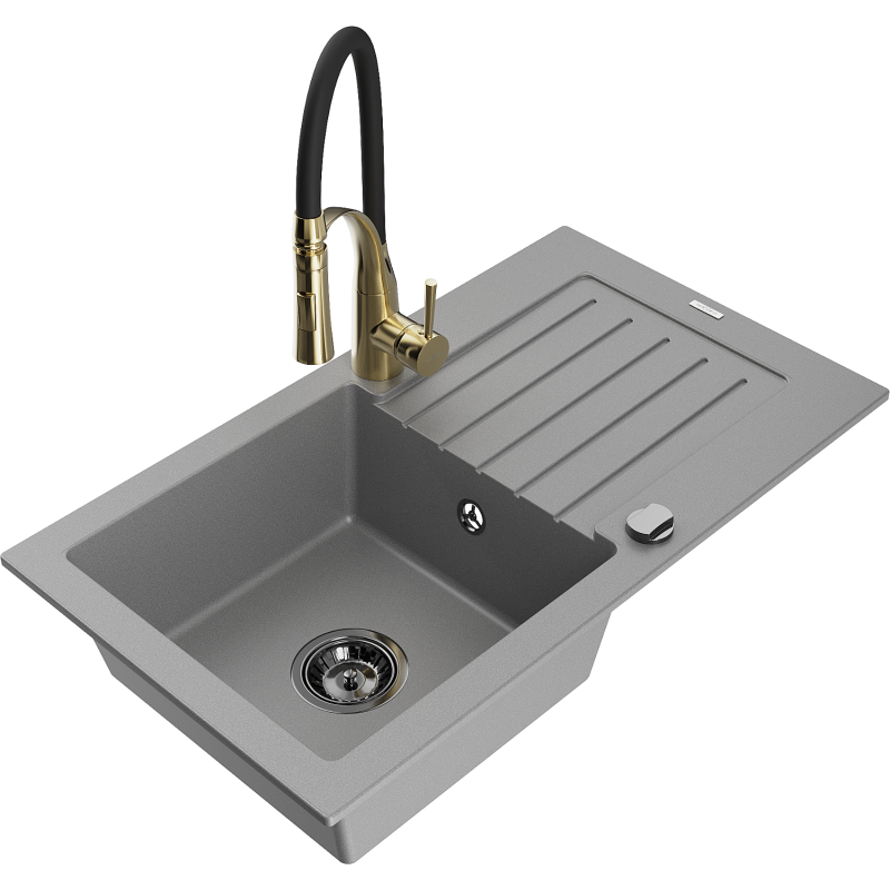Mexen Pablo 1-compartment granite sink with a drip tray and kitchen mixer tap Aster, Grey - 6510-71-73450-57-B