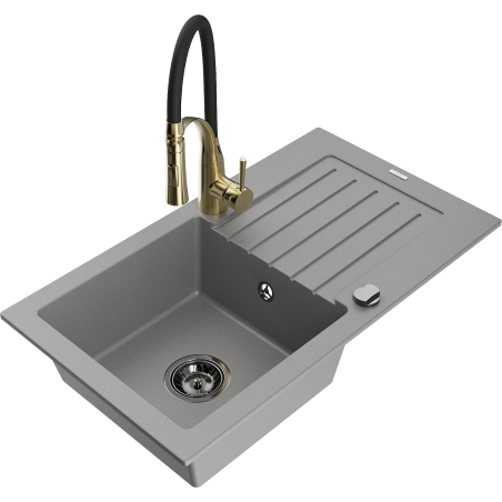 Mexen Pablo 1-Bowl Granite Sink with Drainer and Aster Kitchen Faucet, Gray - 6510-71-73450-57-B
