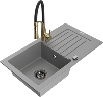 Mexen Pablo 1-Bowl Granite Sink with Drainer and Aster Kitchen Faucet, Gray - 6510-71-73450-57-B