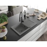 Mexen Pablo 1-bowl granite sink with drainer and Aster kitchen faucet, gray - 6510-71-73450-70-B
