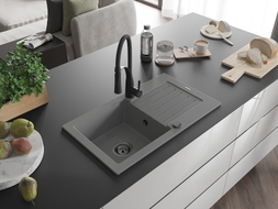 Mexen Pablo 1-Bowl Granite Sink with Drainer and Aster Kitchen Faucet, Gray - 6510-71-73450-70-B