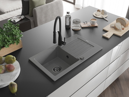 Mexen Pablo granite kitchen sink 1-bowl with drainer and Aster kitchen tap, grey - 6510-71-73450-70-B
