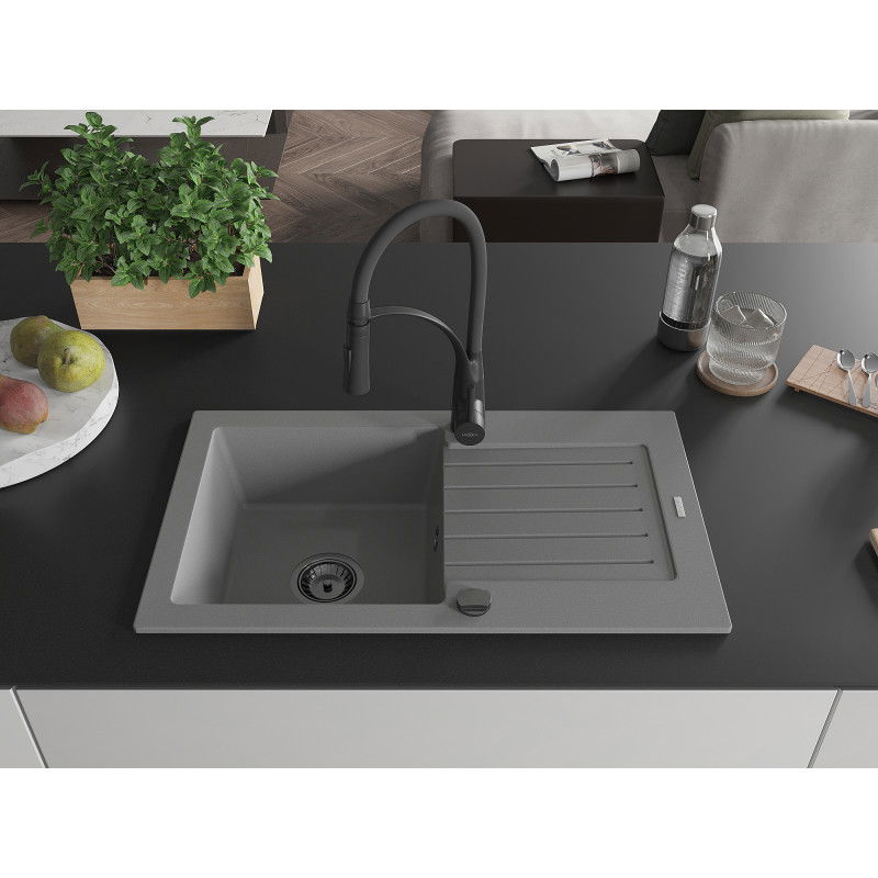 Mexen Pablo granite kitchen sink 1-bowl with drainer and Aster kitchen tap, grey - 6510-71-73450-70-B