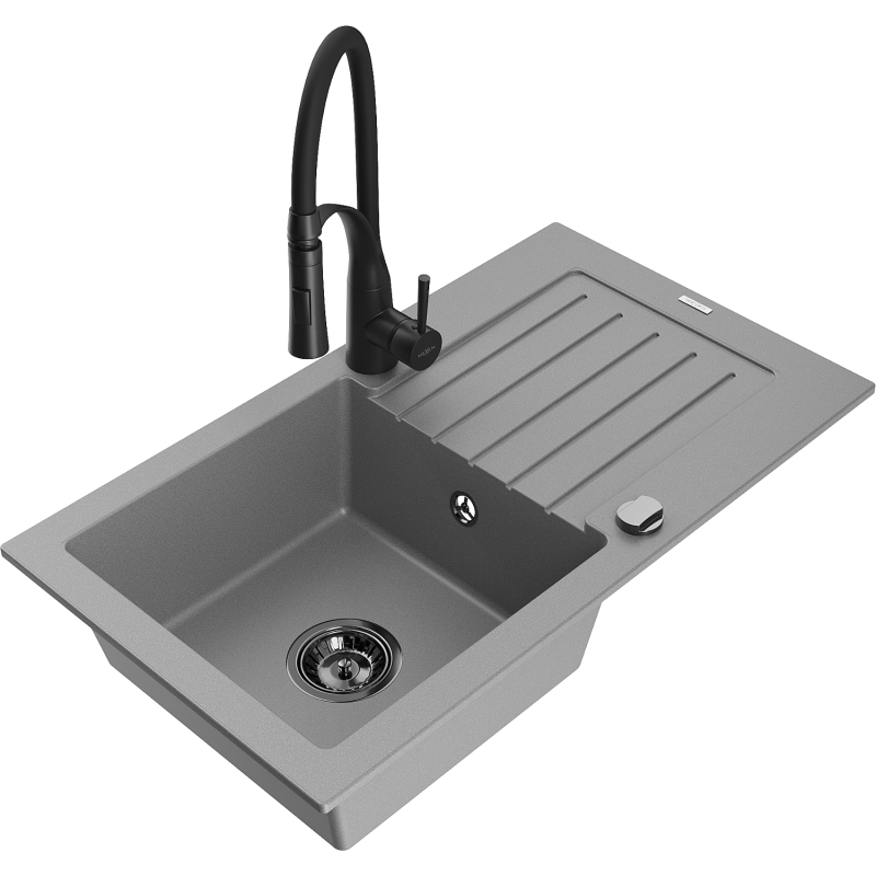 Mexen Pablo 1-compartment granite sink with a drip tray and kitchen mixer tap Aster, Grey - 6510-71-73450-70-B