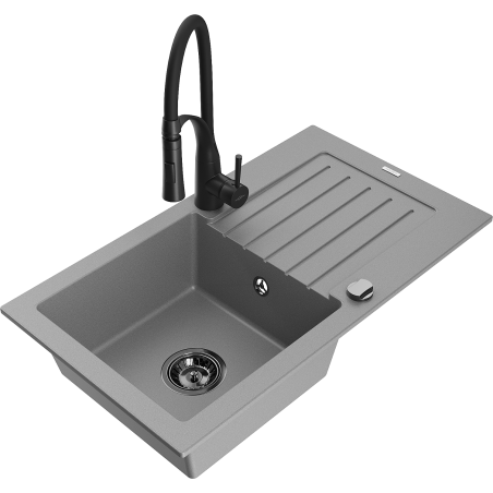 Mexen Pablo 1-bowl granite sink with drainer and Aster kitchen faucet, gray - 6510-71-73450-70-B
