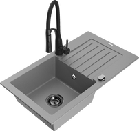 Mexen Pablo 1-Bowl Granite Sink with Drainer and Aster Kitchen Faucet, Gray - 6510-71-73450-70-B