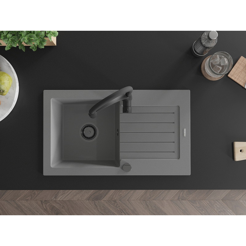Mexen Pablo 1-bowl granite sink with drainer and Aster kitchen faucet, gray - 6510-71-73450-70-B