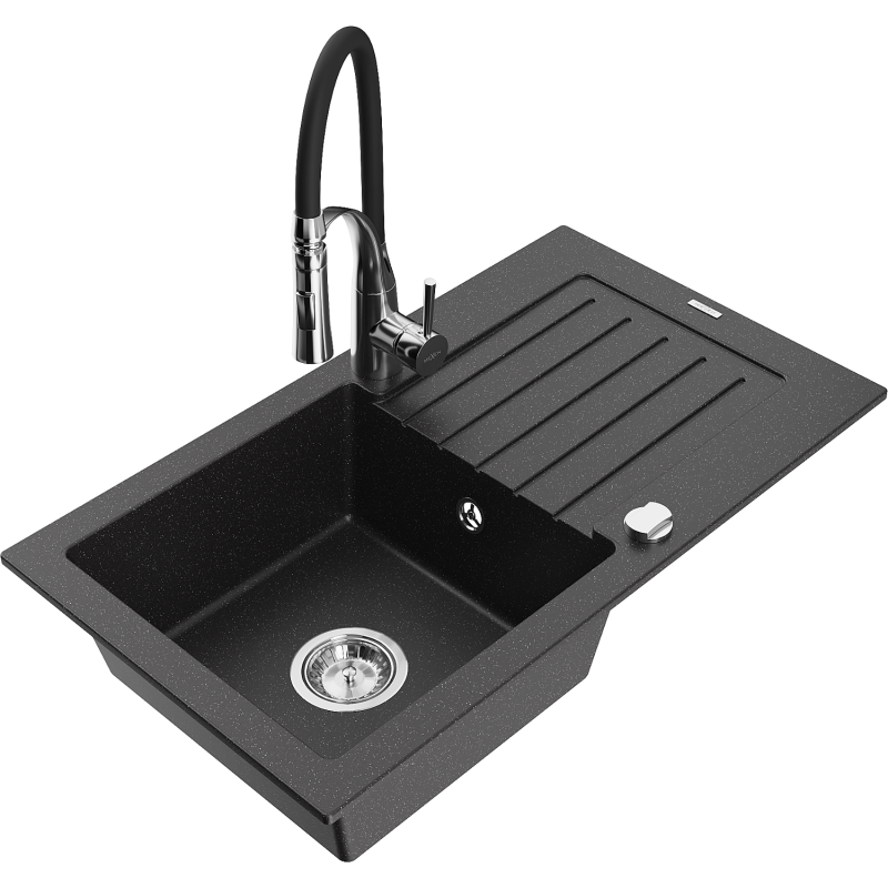 Mexen Pablo granite sink 1-bowl with drainer and Aster kitchen tap, black/silver metallic - 6510-73-73450-07