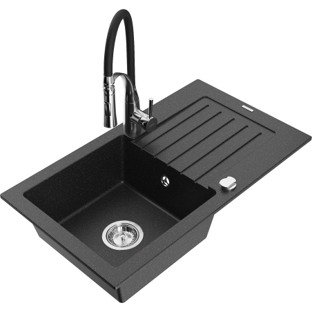 Mexen Pablo granite kitchen sink 1-bowl with drainer and Aster kitchen faucet, black/silver metallic - 6510-73-73450-07