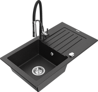 Mexen Pablo granite kitchen sink 1-bowl with drainer and kitchen faucet Aster, black/silver metallic - 6510-73-73450-07