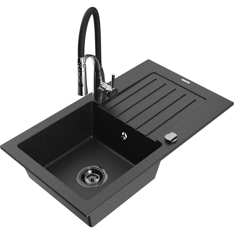Mexen Pablo 1-bowl granite sink with drainer and Aster kitchen tap, black/silver metallic - 6510-73-73450-07-B