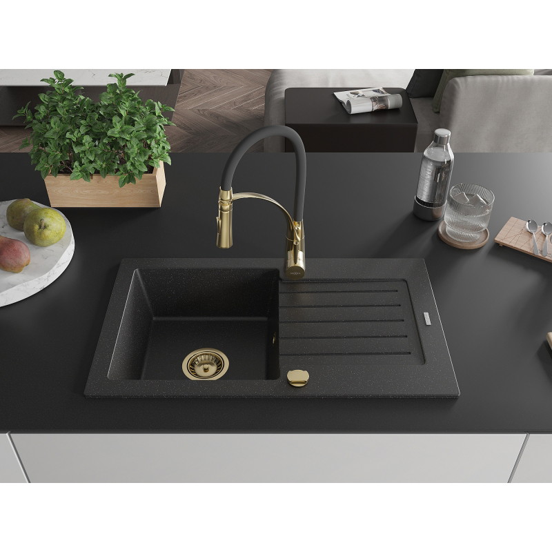 Mexen Pablo granite kitchen sink 1-bowl with drainer and Aster kitchen faucet, black/silver metallic - 6510-73-73450-57-G