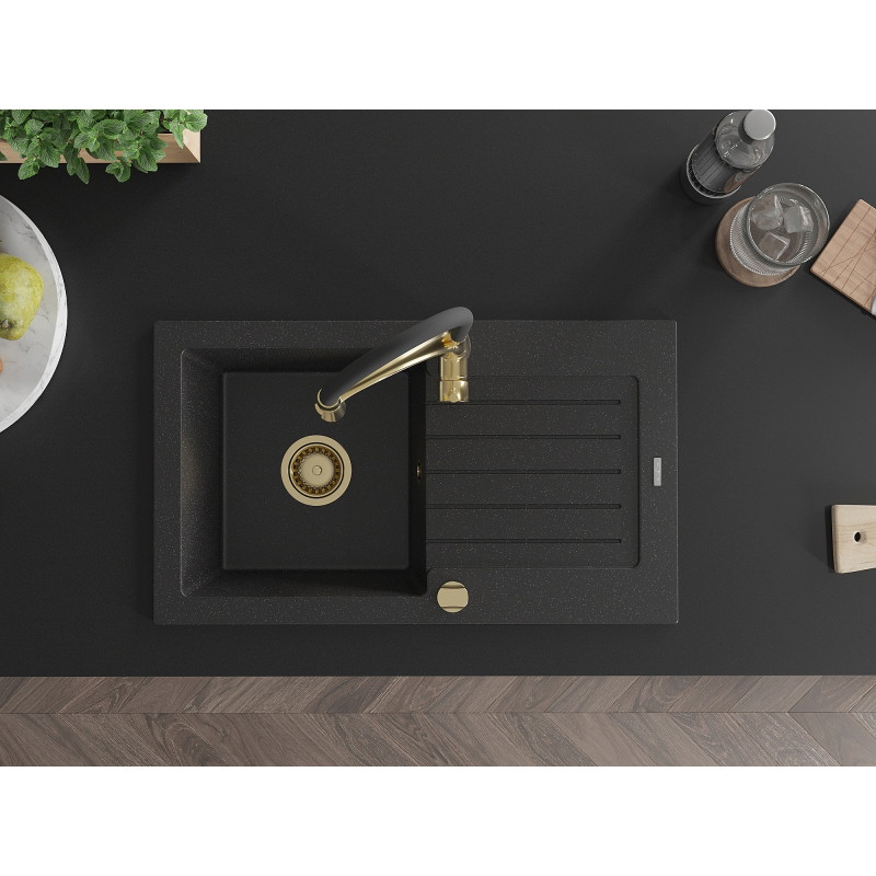 Mexen Pablo granite kitchen sink 1-bowl with drainer and Aster kitchen faucet, black/silver metallic - 6510-73-73450-57-G