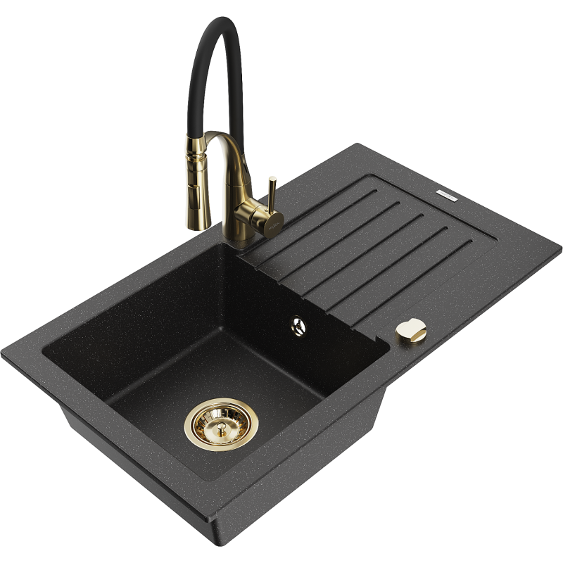 Mexen Pablo 1-bowl granite sink with drainer and Aster kitchen tap, black/silver metallic - 6510-73-73450-57-G