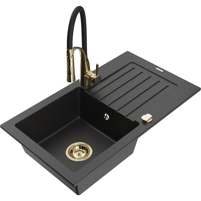 Mexen Pablo granite kitchen sink 1-bowl with drainer and Aster kitchen faucet, black/silver metallic - 6510-73-73450-57-G