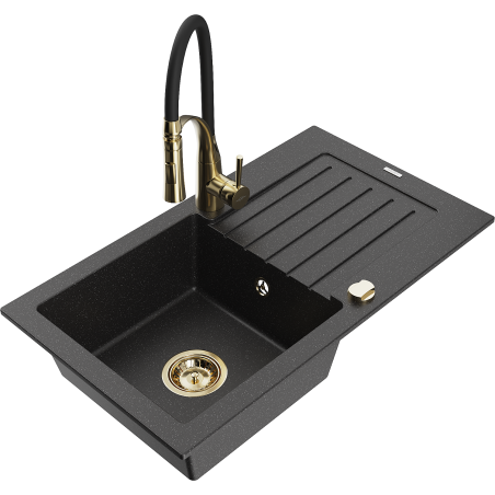 Mexen Pablo granite kitchen sink 1-bowl with drainer and Aster kitchen faucet, black/silver metallic - 6510-73-73450-57-G