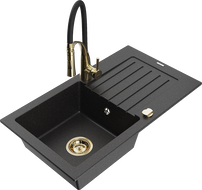 Mexen Pablo granite sink 1-bowl with drainer and Aster kitchen faucet, black/silver metallic - 6510-73-73450-57-G