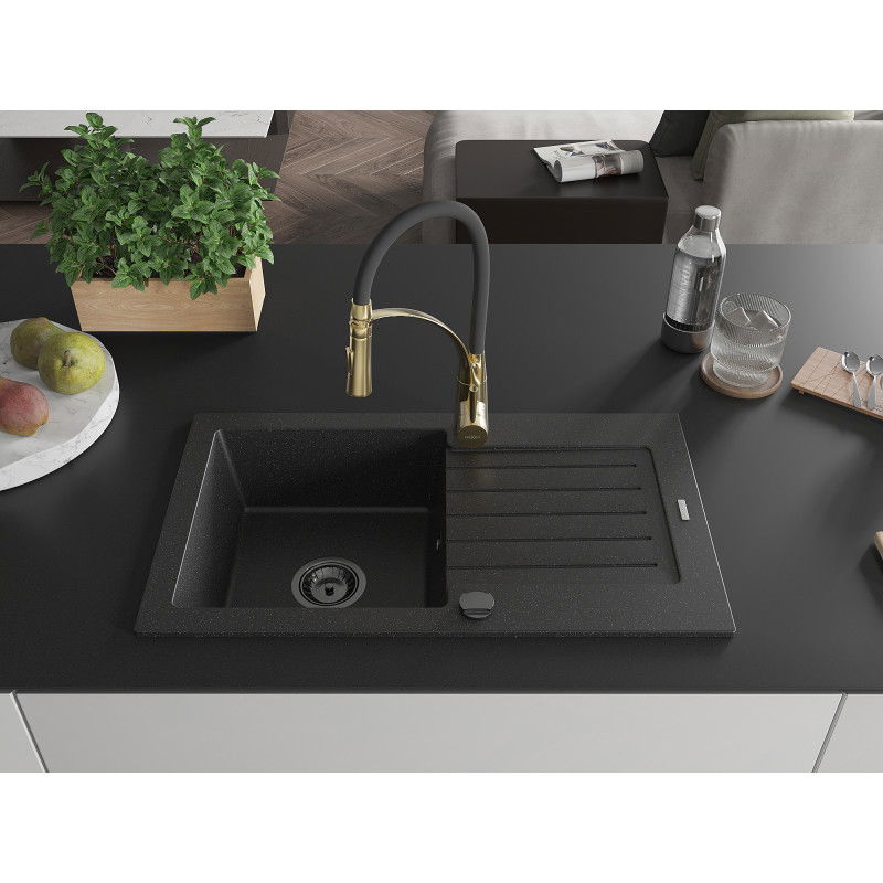 Mexen Pablo granite sink 1-bowl with drainer and Aster kitchen tap, black/silver metallic - 6510-73-73450-57-B