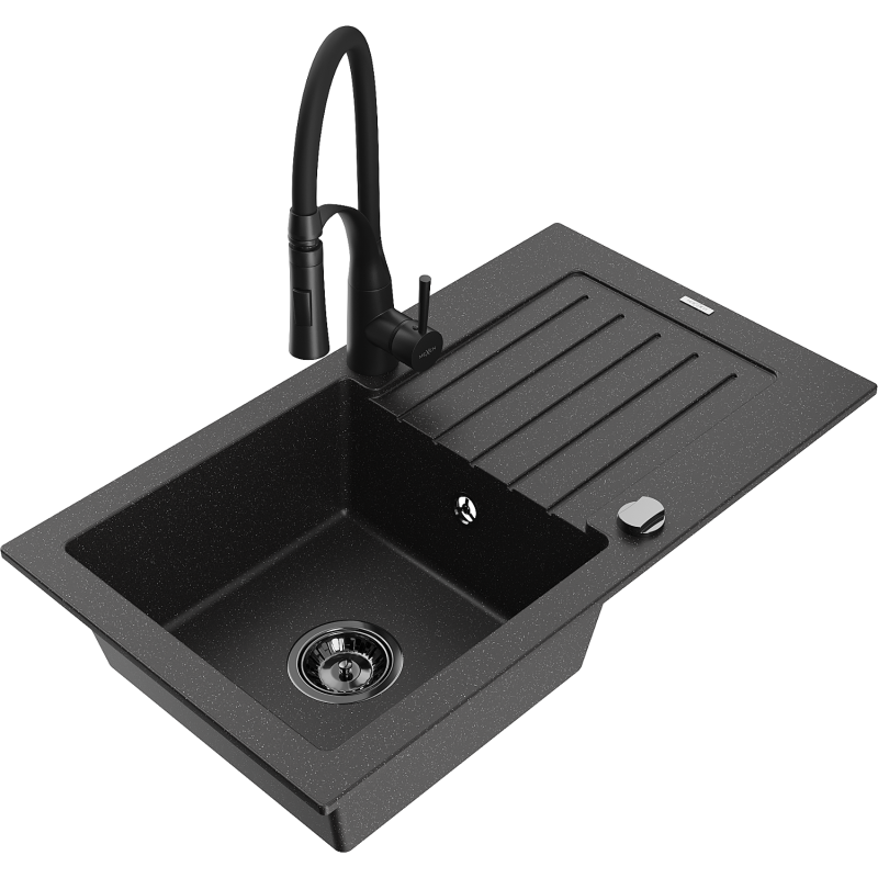 Mexen Pablo 1-compartment granite sink with a drip tray and kitchen mixer tap Aster, Black/Silver metallic - 6510-73-73450-70-B