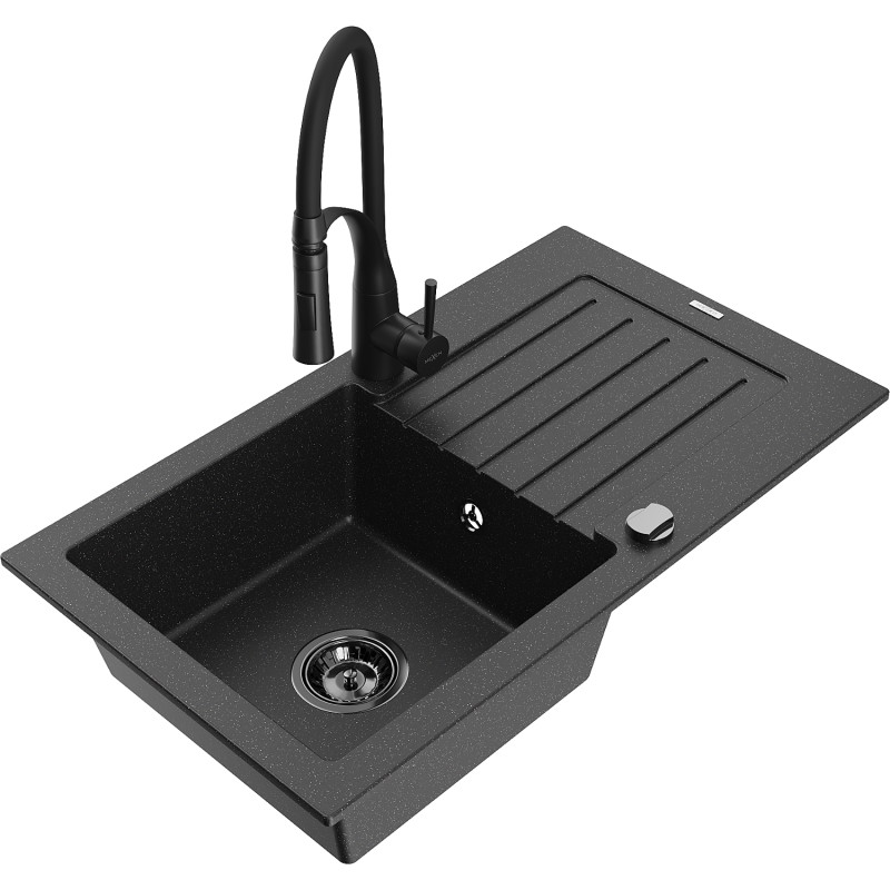 Mexen Pablo granite kitchen sink single-bowl with drainer and kitchen faucet Aster, black/silver metallic - 6510-73-73450-70-B