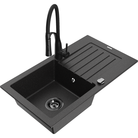 Mexen Pablo 1-bowl granite kitchen sink with drainer and Aster kitchen faucet, black/silver metallic - 6510-73-73450-70-B