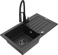 Mexen Pablo granite sink 1-bowl with drainer and Aster kitchen tap, black/silver metallic - 6510-73-73450-70-B