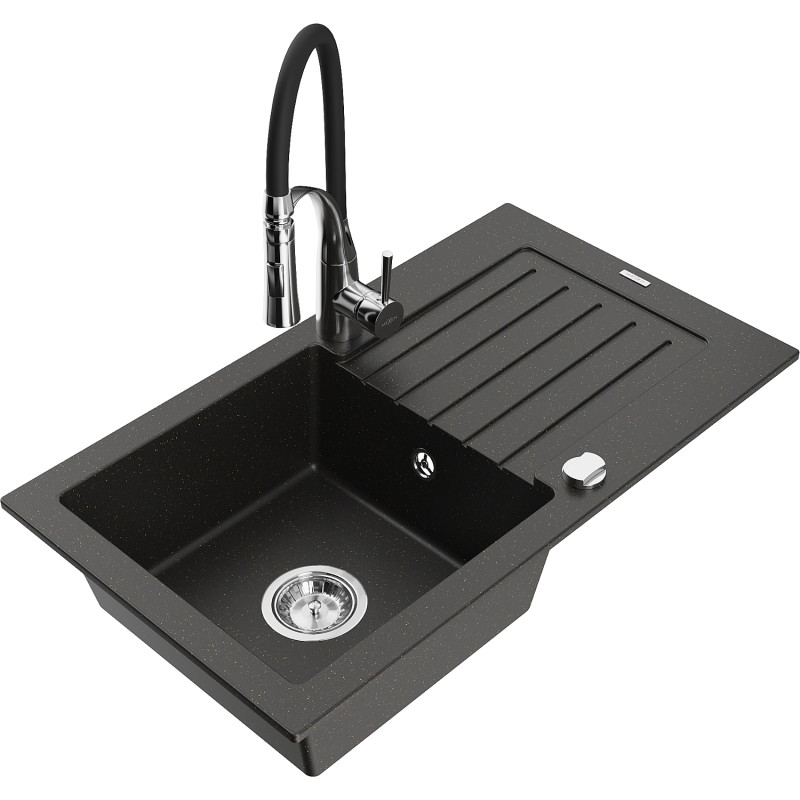 Mexen Pablo granite kitchen sink 1-bowl with drainer and Aster kitchen faucet, black/gold metallic - 6510-75-73450-07