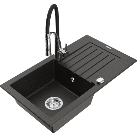 Mexen Pablo granite kitchen sink 1-bowl with drainer and Aster kitchen faucet, black/gold metallic - 6510-75-73450-07