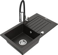 Mexen Pablo granite kitchen sink 1-bowl with drainer and Aster kitchen faucet, black/gold metallic - 6510-75-73450-07