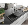 Mexen Pablo 1-bowl granite sink with drainer and Aster kitchen faucet, black/gold metallic - 6510-75-73450-07-B