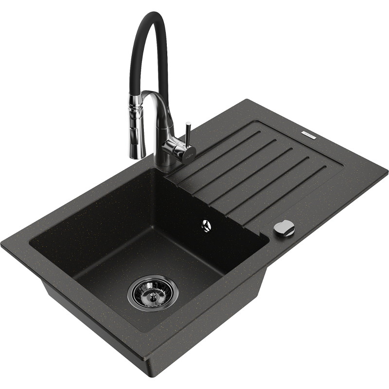 Mexen Pablo 1-bowl granite sink with drainer and Aster kitchen faucet, black/gold metallic - 6510-75-73450-07-B