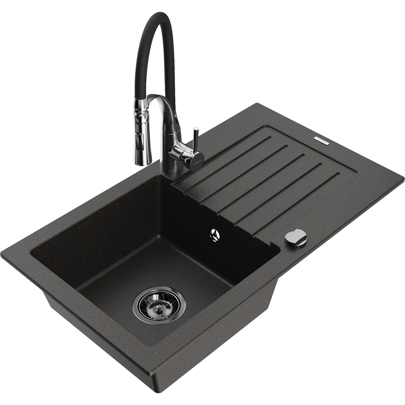 Mexen Pablo 1-bowl Granite Sink with Drainer and Aster Kitchen Tap, Black/Gold Metallic - 6510-75-73450-07-B