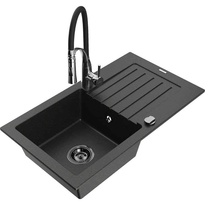 Mexen Pablo granite kitchen sink 1-bowl with drainer and kitchen faucet Aster, black/gold metallic - 6510-75-73450-07-B