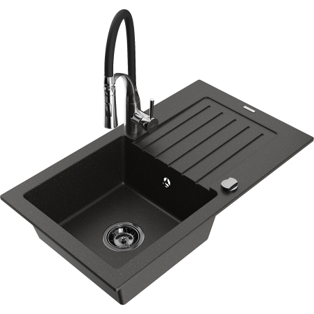 Mexen Pablo 1-bowl granite sink with drainer and Aster kitchen faucet, black/gold metallic - 6510-75-73450-07-B