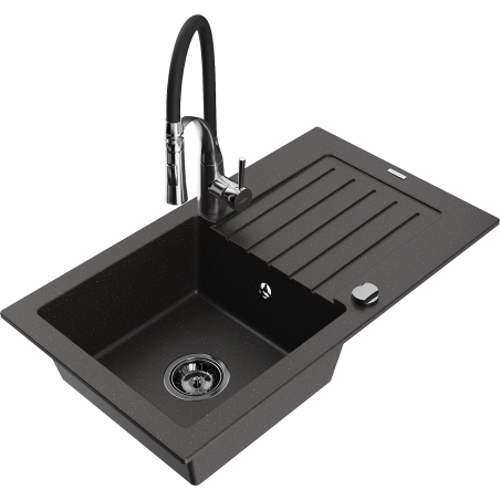 Mexen Pablo granite kitchen sink 1-bowl with drainer and kitchen faucet Aster, black/gold metallic - 6510-75-73450-07-B