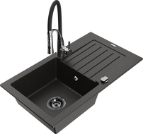 Mexen Pablo 1-compartment granite sink with a drip tray and kitchen mixer tap Aster, Black/Gold metallic - 6510-75-73450-07-B