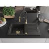 Mexen Pablo 1-bowl granite sink with drainer and Aster kitchen tap, black/gold metallic - 6510-75-73450-57-G