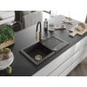 Mexen Pablo 1-bowl granite sink with drainer and Aster kitchen tap, black/gold metallic - 6510-75-73450-57-G