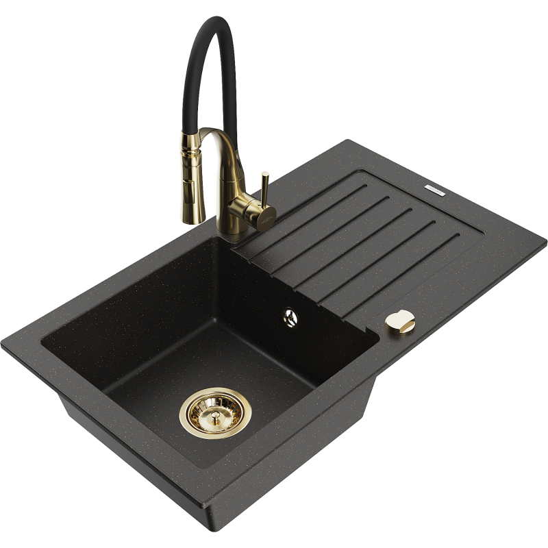 Mexen Pablo 1-bowl granite sink with drainer and Aster kitchen tap, black/gold metallic - 6510-75-73450-57-G