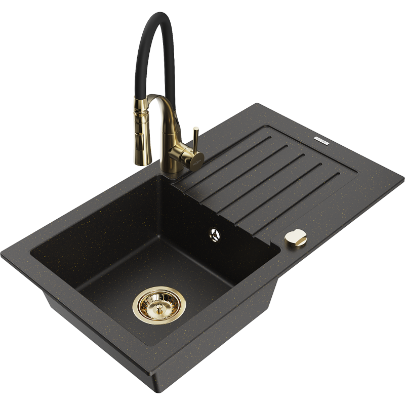 Mexen Pablo 1-compartment granite sink with a drip tray and kitchen mixer tap Aster, Black/Gold metallic - 6510-75-73450-57-G