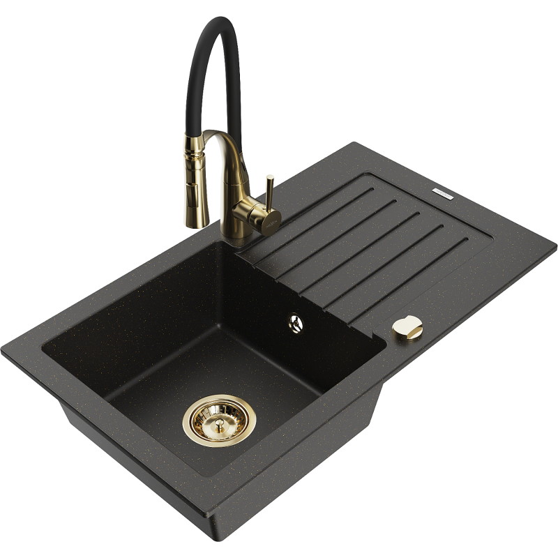 Mexen Pablo granite kitchen sink 1-bowl with drainer and kitchen faucet Aster, black/gold metallic - 6510-75-73450-57-G