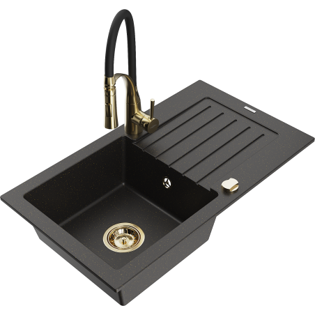 Mexen Pablo 1-bowl granite sink with drainer and Aster kitchen faucet, black/gold metallic - 6510-75-73450-57-G