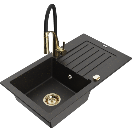 Mexen Pablo 1-bowl granite sink with drainer and Aster kitchen tap, black/gold metallic - 6510-75-73450-57-G