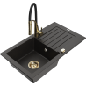 Mexen Pablo 1-bowl granite sink with drainer and Aster kitchen faucet, black/gold metallic - 6510-75-73450-57-G