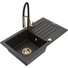 Mexen Pablo 1-bowl granite sink with drainer and Aster kitchen tap, black/gold metallic - 6510-75-73450-57-G