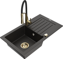 Mexen Pablo 1-bowl granite sink with drainer and Aster kitchen tap, black/gold metallic - 6510-75-73450-57-G