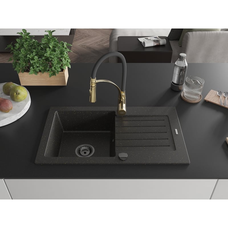 Mexen Pablo granite single-bowl sink with drainer and Aster kitchen faucet, black/gold metallic - 6510-75-73450-57-B