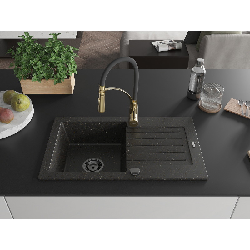 Mexen Pablo granite sink single-bowl with drainer and kitchen faucet Aster, black/gold metallic - 6510-75-73450-57-B