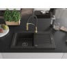 Mexen Pablo granite single-bowl sink with drainer and Aster kitchen faucet, black/gold metallic - 6510-75-73450-57-B